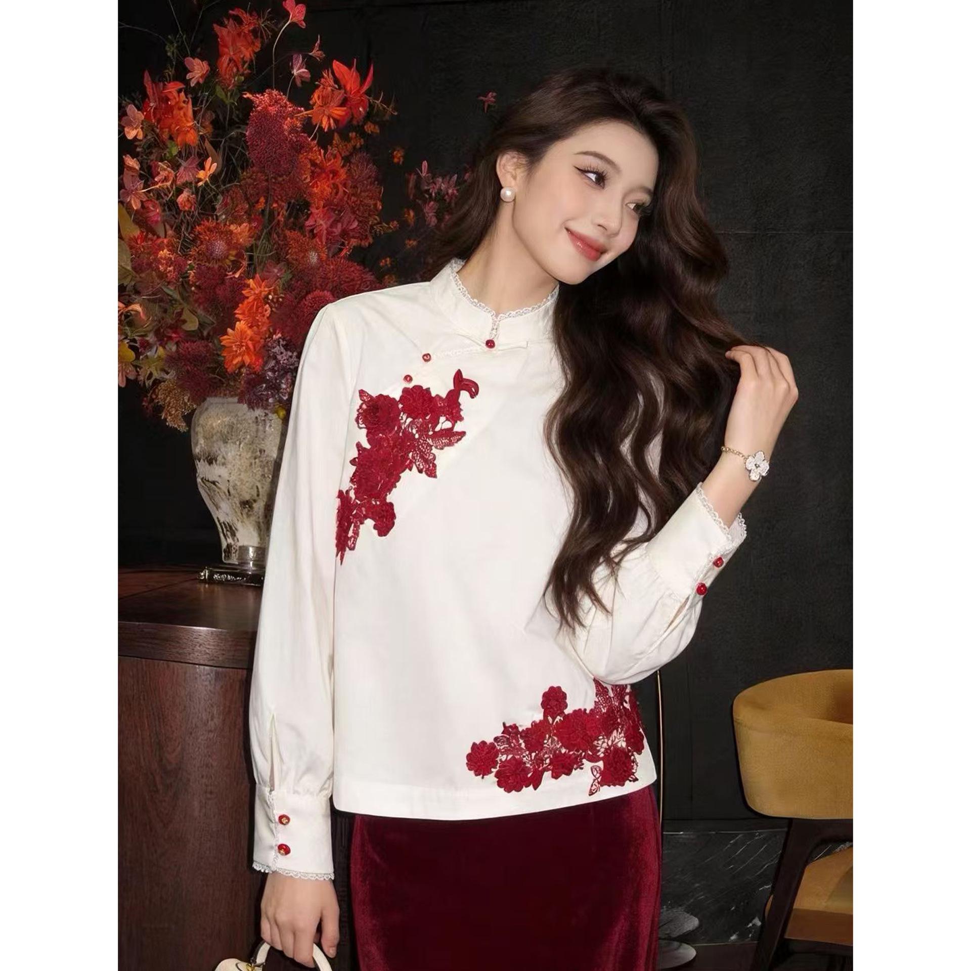 Spring 2026 Women s Stand Collar Embroidered Lace Trim Shirt with Asymmetrical Placket and Color Blocking L белый