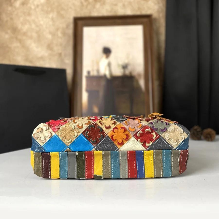 Vintage Women'S Bag, Top Layer Cowhide, Large Capacity Shoulder Bag, Hand Stitched Colorful Flower Women'S  Bag, Crossbody Bag