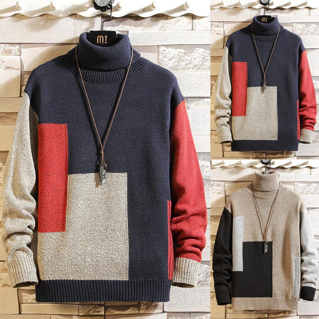 New Japanese New Men's High Collar Pullover Color Matching Sweater