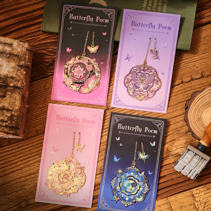 New Bronzing Bookmark With Chain Heart Sun Floral Butterfly Metal Bookmark Reading Book Clip Student School Office Supplies