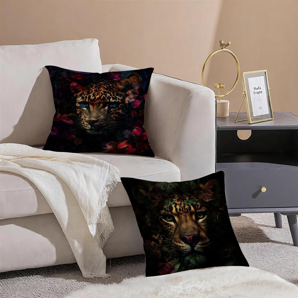 Uropäische Mode Leopard mit Kranz Tiere Porträt Malerei Kissenbezug Hausstaubmilbenabweisender Kissenbezug Verdeckter Reißverschluss Seidiger Shor