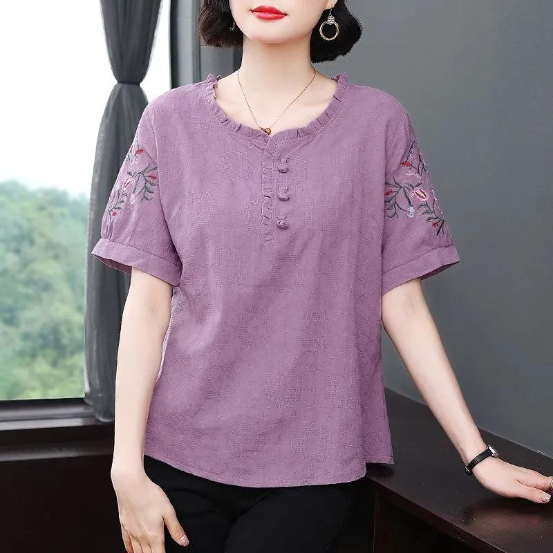 

Women Purple Ruffle Neck Embroidered Short Sleeve Blouse L красный