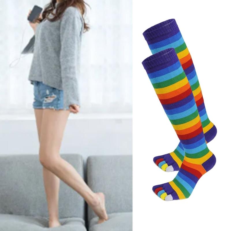 1 Pair Toe Socks Women Rainbow Toe Socks for Women Rainbow Striped 5 Toe Funny Leg Warmer Calf Socks with Toes Separated