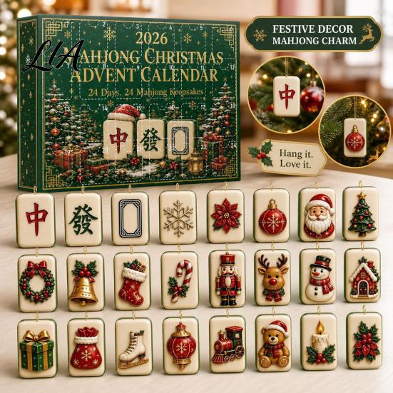 24 Day Countdown Calendar Chinese Mahjong Tile Advent Calendar, 24-Day Christmas Set with 2D Atmosphere Decor Acrylic Ornaments, Tree Hanging