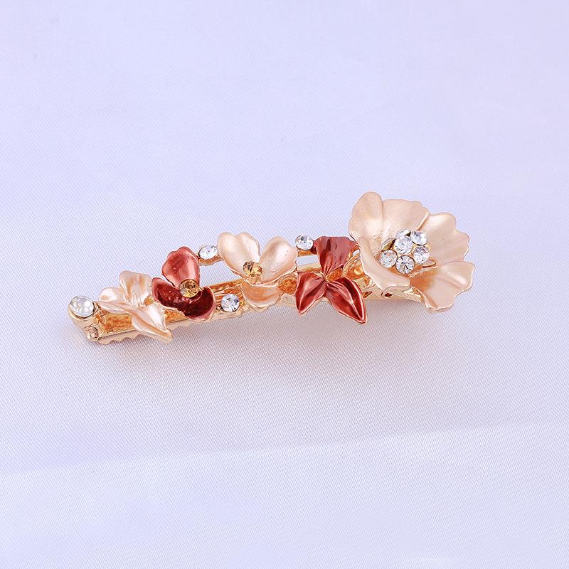 Alloy Hairpin Female Side Painted Paint Edge Clip Female Retro Style Flower Bangs Clip Rhinestone Duck Bill Clip