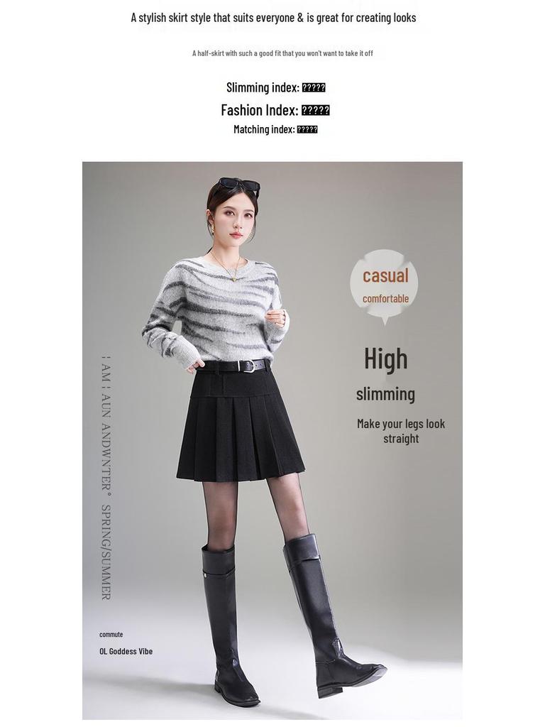 Women's 2025 Autumn/Winter High-Waisted Pleated Wool A-line Mini Skirt