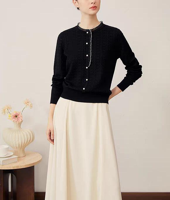 2025 Autumn High-End Ladies Knit Sweater with Ruffle Trim Long Sleeves