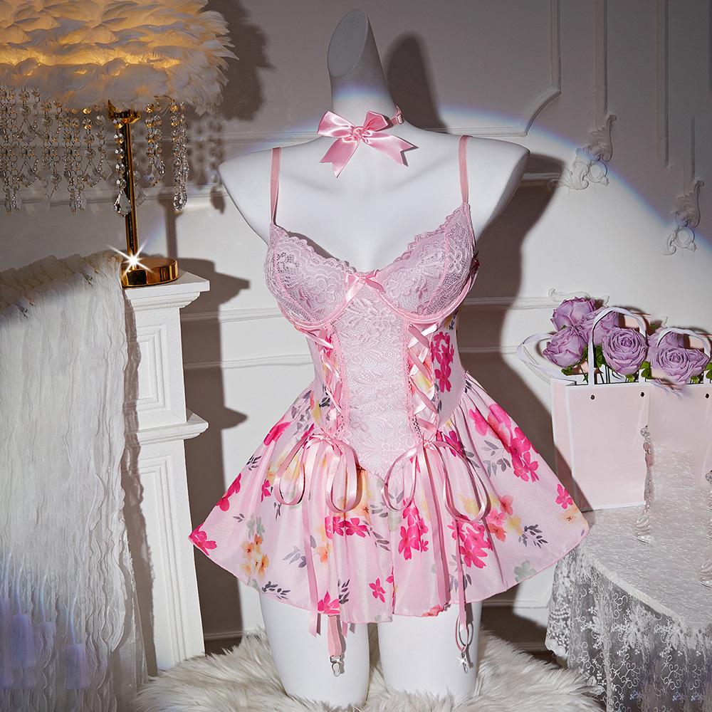 Sexy Lingerie Lace Perspective Temptation Hollow Floral Skirt Valentine's Day Uniform Suit