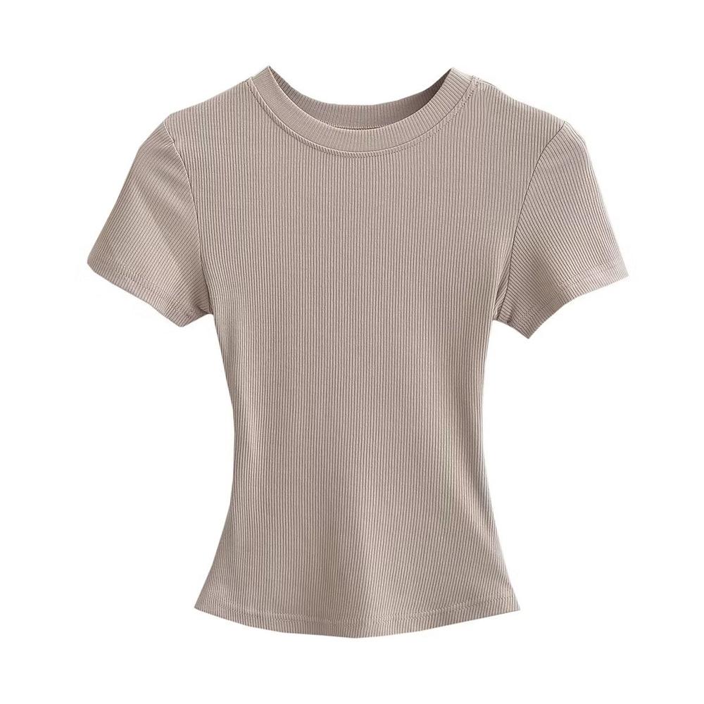 Trendy Women's Ribbed Slim Fit Short Sleeve T-Shirt with Sexy Round Neck and Straight Shoulders.
