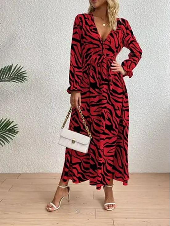 Zebra Print V-Neck Midi Dress - Elegant, Waist-Hugging, Long Sleeve, Autumn Fashion