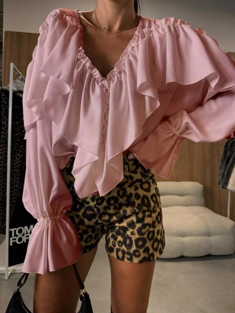 V,neck Long,sleeved Color Versatile Shirt Blouse Female