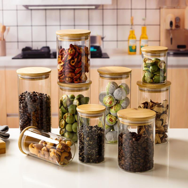 Mutfak Tahıl Saklama için Bambu Kapaklı Yuvarlak Şeffaf Hava Geçirmez Cam Kavanoz