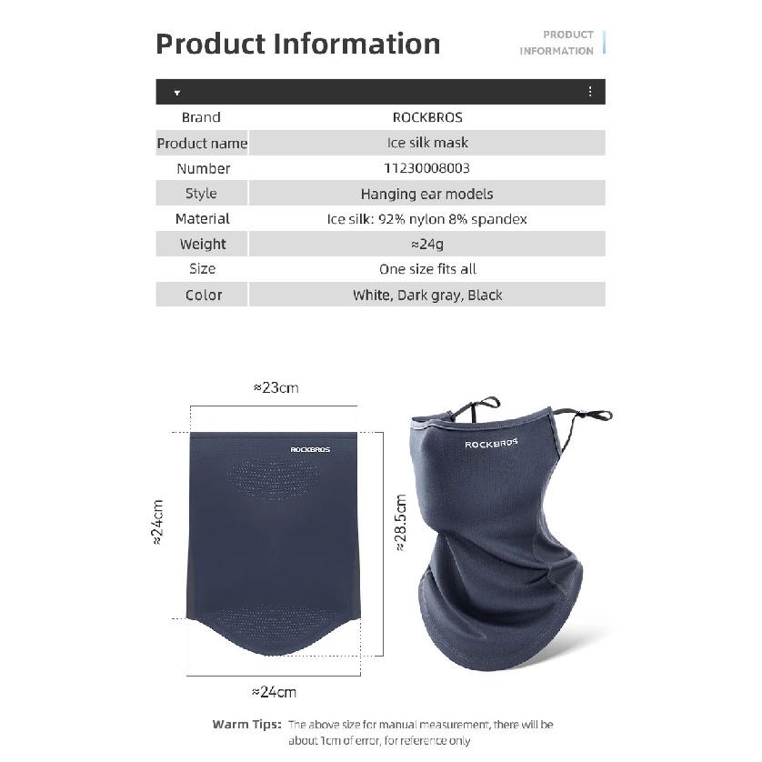 ROCKBROS Maschera Estiva in Seta Ghiacciata Protezione Solare Anti-UV Asciugatura Rapida Orecchie Regolabili Sciarpa Viso Traspirante Antipolvere Copricapo per Ciclismo