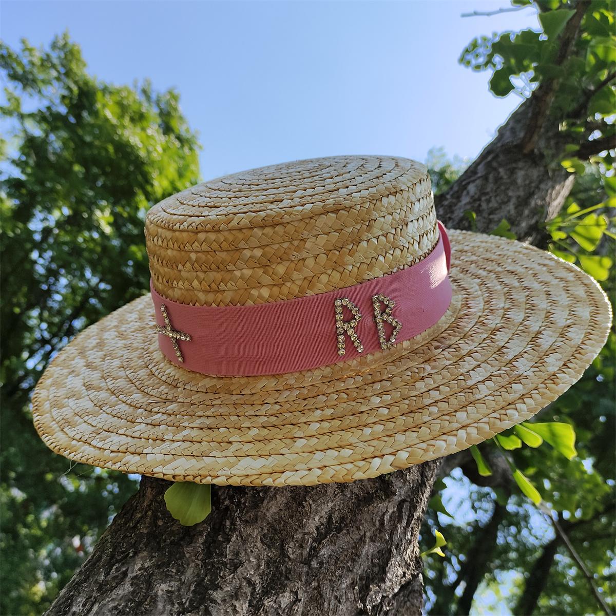 2023 Wheat Straw Flat Straw Hat Women s Wide Brim Hat Ladies Summer Seaside Beach Hat Water Diamond Accessories Sun Hat