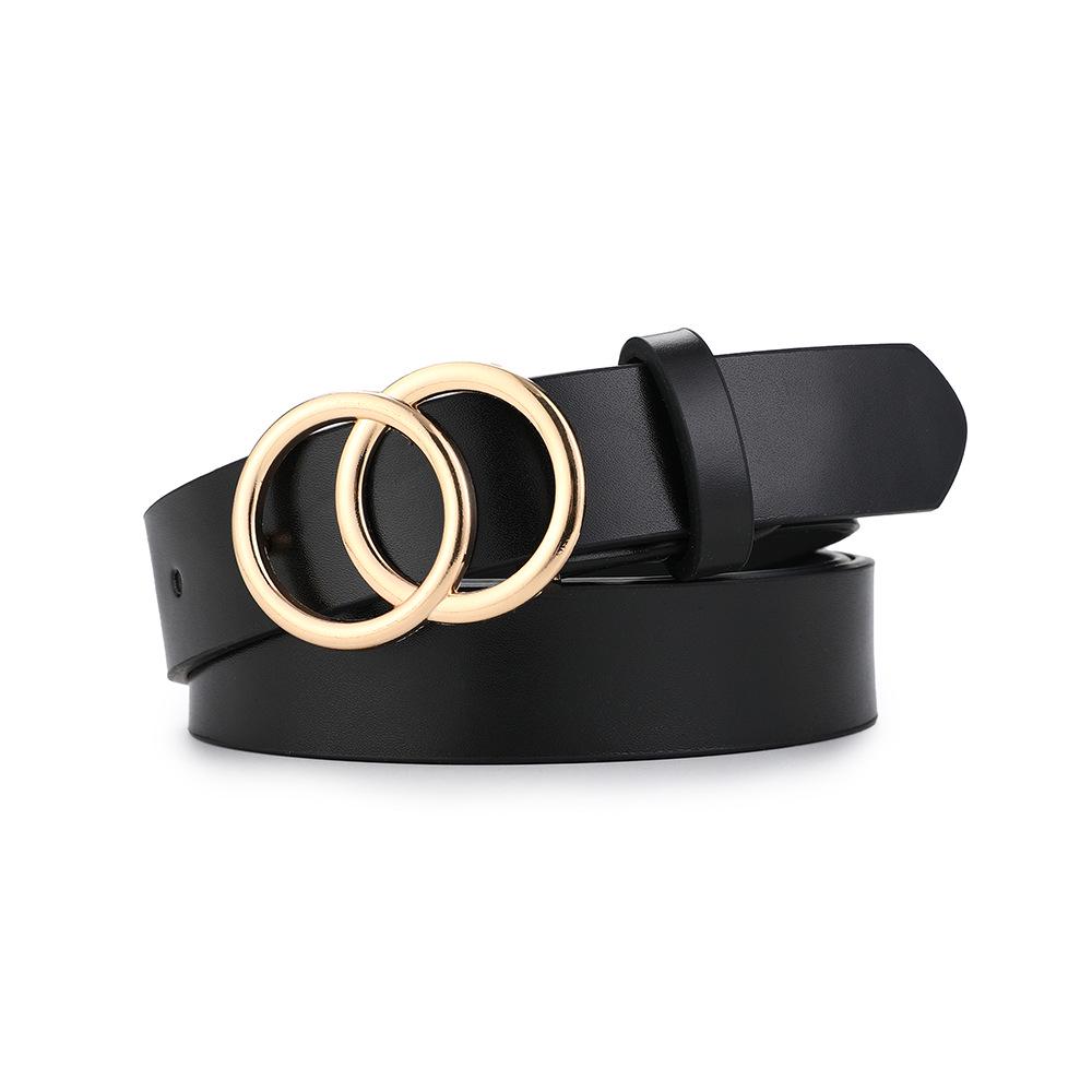 Women's Black Minimalist Double O Buckle Leather Belt – Korean-Style Waistband, Thin Fashion Accessory for Skirts and Jeans