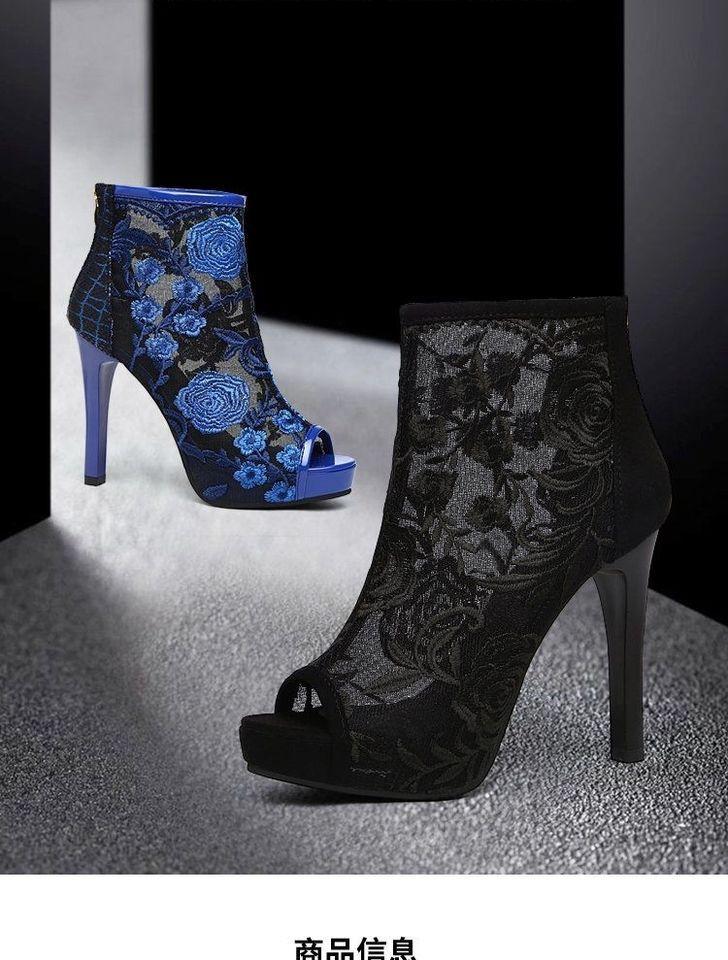 Sexy fashion mesh cool boots women's summer fish mouth high heels embroidered mesh boots single heel shoes women's thin heel high top sandals