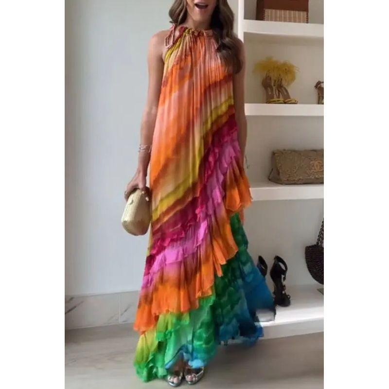 2025 European and American Summer Hanging Neck Print Casual Vacation Dress Printed Casual Dress