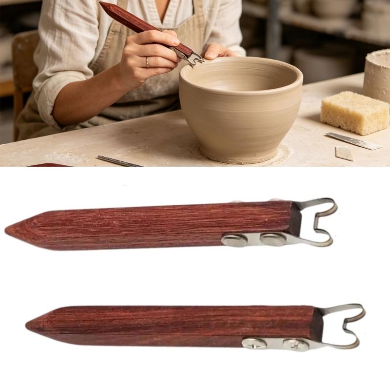 2-Piece Wooden Handle Pottery Shaping Tool with Open Working Ends for Trimming Pottery Feet and Finishing Bases After Wheel Throwing