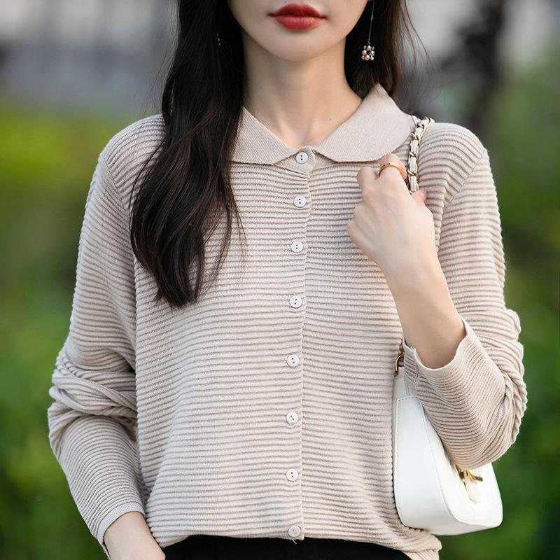 Autumn Women's Cardigan Doll Collar Knit Long Sleeve Loose Solid Colour Sweater Top