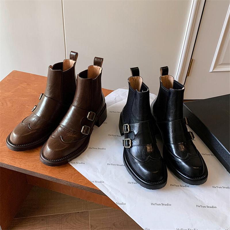Fashion New Autumn Winter Split Leather Women Boots Chelsea Boots for Women Belt Buckle Round Toe Chunky Heel Ladies Shoes Zapatos Mujer