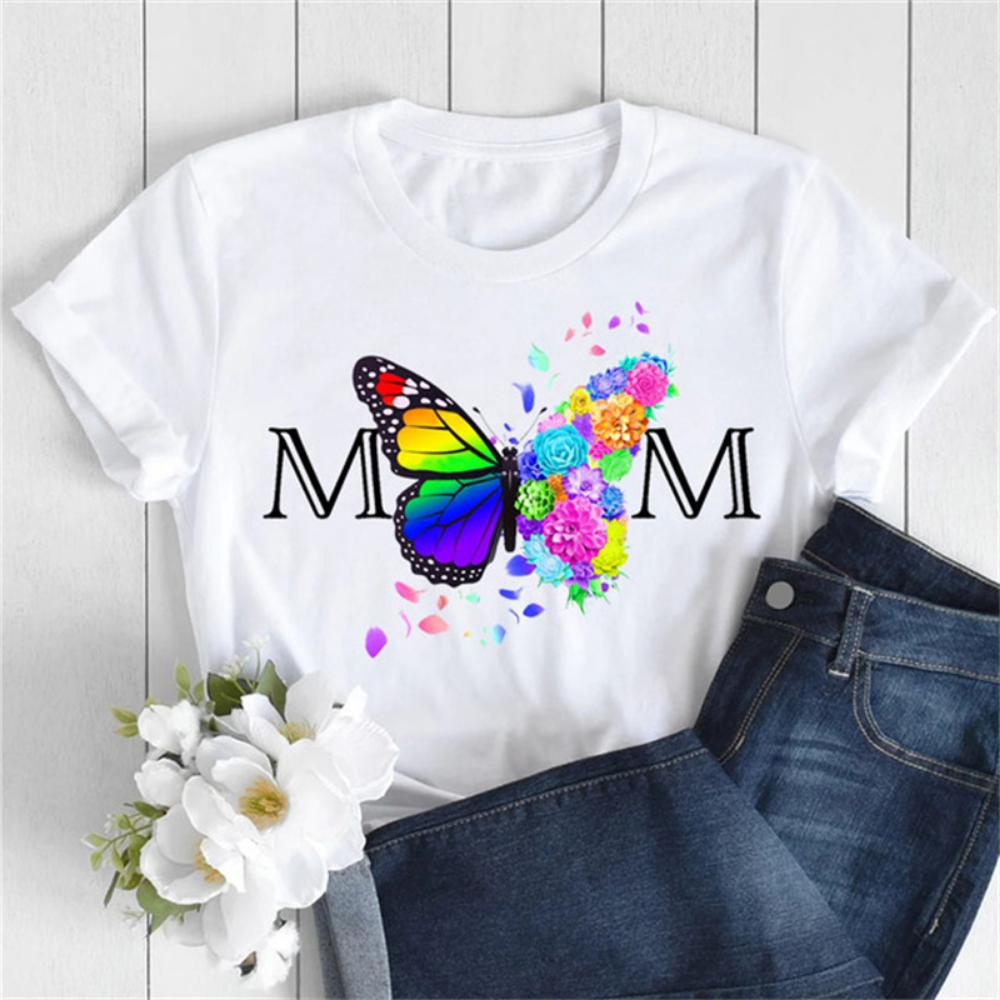 New Women T Shirt Fashion MOM Butterfly Floral Print Tshirt Casual Short Sleeve Tops Tee Women T-shirts 90s Lady Female T Shirt