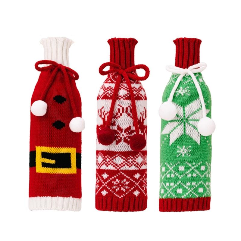 3Piece Festival Snowflake Knits Wine Bottle Sleeves Wine Bottle Cover For Christmas Celebration Festival Wine Dress