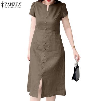 Women Casual O-neck Solid Color Summer Short Sleeve Dress