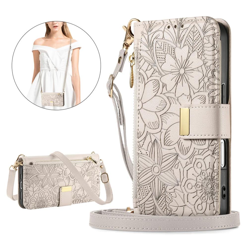 

Leather Zipper Crossbody Flip Wallet Card Slot Phone Case for IPhone 16E 16 Plus 15 14 13 12 17 Pro Max Wrist Strap Funda Cover iPhone 15 бежевий
