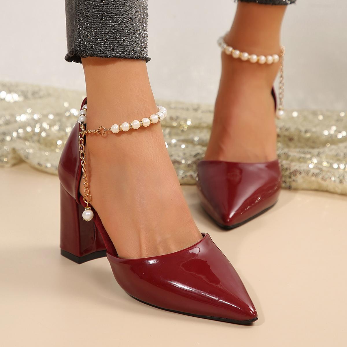 

Fashion 2025 Spring New Coarse Heel Shoes Women Fashion Pointed Shallow Mouth Beaded Waterproof Anti-slip Wear-resistant High Heels 34