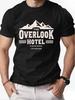 Black Graphic T-shirt - Mountain Peaks & OVERLOOK HOTEL Vintage Print - Soft Breathable Cotton Blend Fabric - Stretch Comfort Fit for Travel