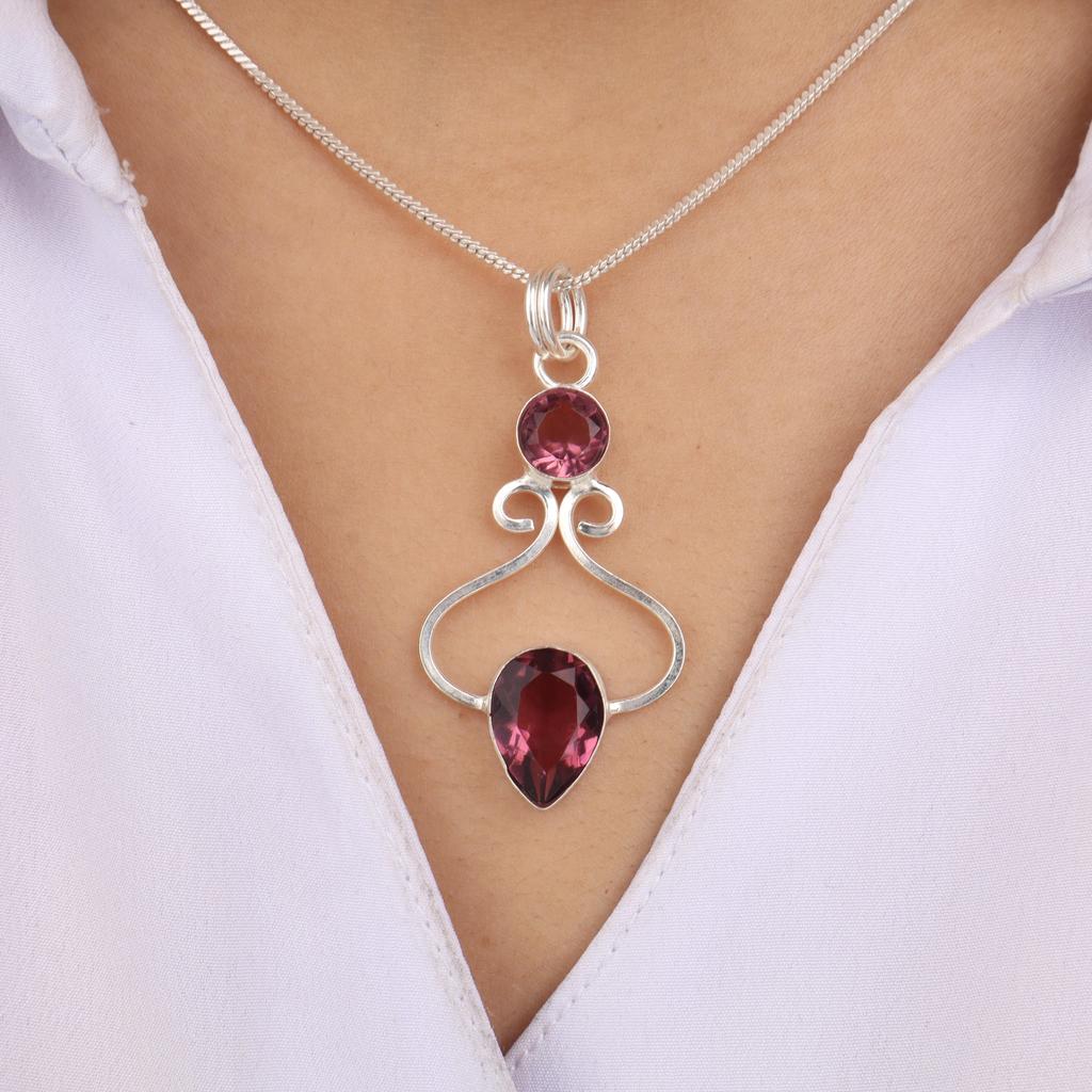 Rhodolite Gemstone 925 Sterling Silver Handcrafted jewelry Pendant 1.60" Gift For Wife PP-13-31