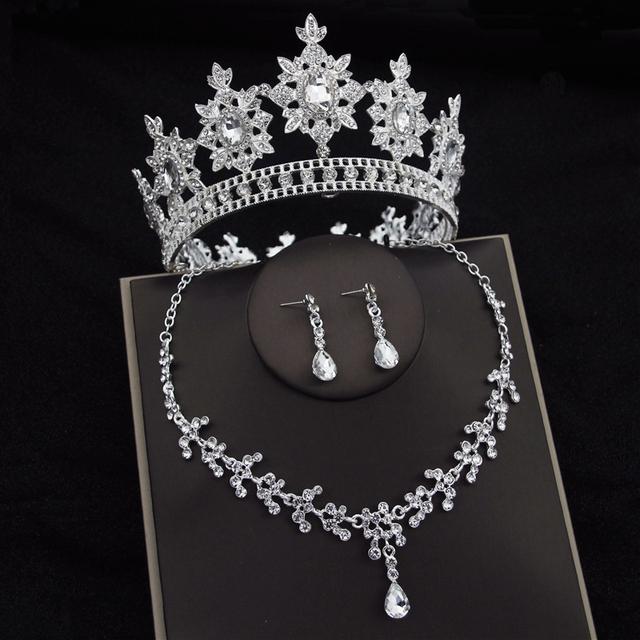 

Наборы свадебных украшений с цветами в стиле барокко и кристаллами для женщин, модные диадемы с короной, серьги и ожерелье, комплект невесты, выпускного вечера, Дубай, комплекты ювелирных изделий серебряный