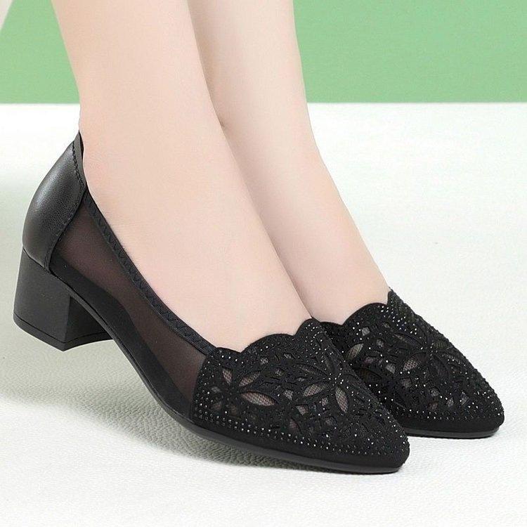 Rhinestone Bag Head Sandals Women's 2025 New Thick Heel Single Shoes Soft Sole Shallow Mouth Fashion Women's High-end Mesh Sandals