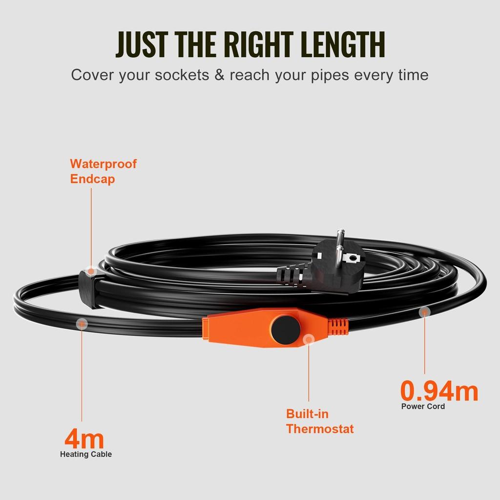 Pipe Heating Cable 4m 23W/m Heat Tape for Pipes with Built-in Thermostat