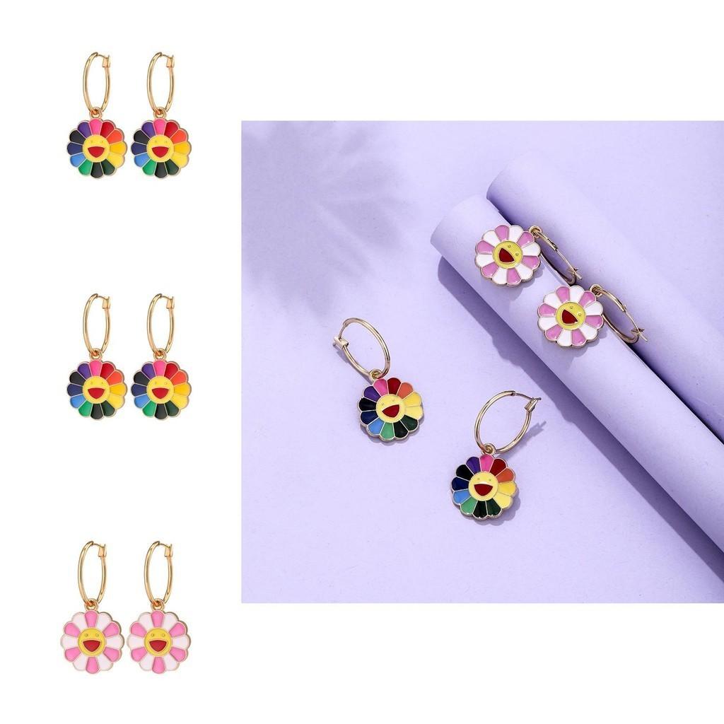 Modern Oil Daisy Drip Ring Colorful Flower Earrings Alloy Jewelry For Women