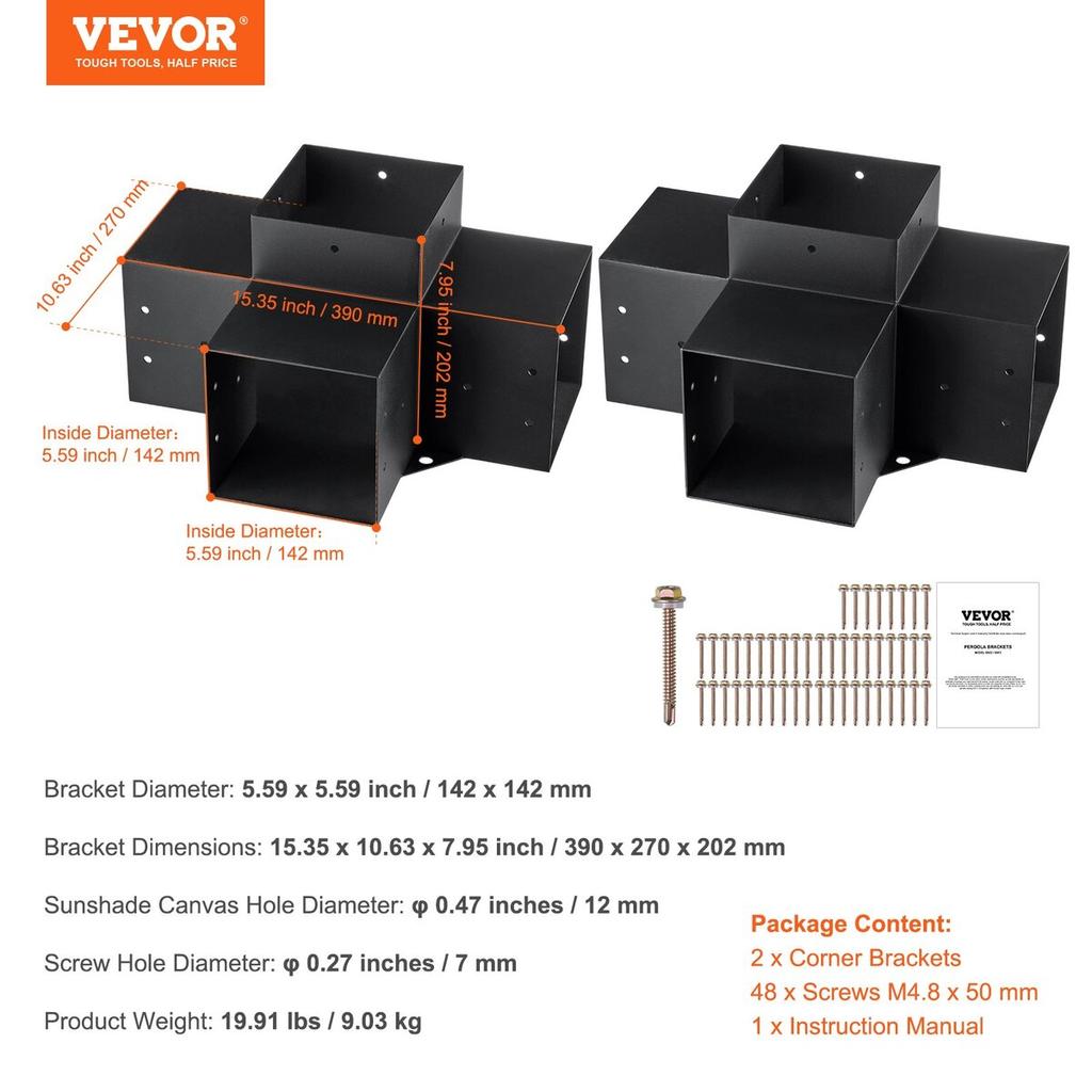Pergola Bracket Kit 6''x6'', Inner Size 5.6"x5.6 2pcs 4-Way Heavy Duty Corner Bracket Woodworks DIY Post Base Kit, Easy Installation Wooden Beams for