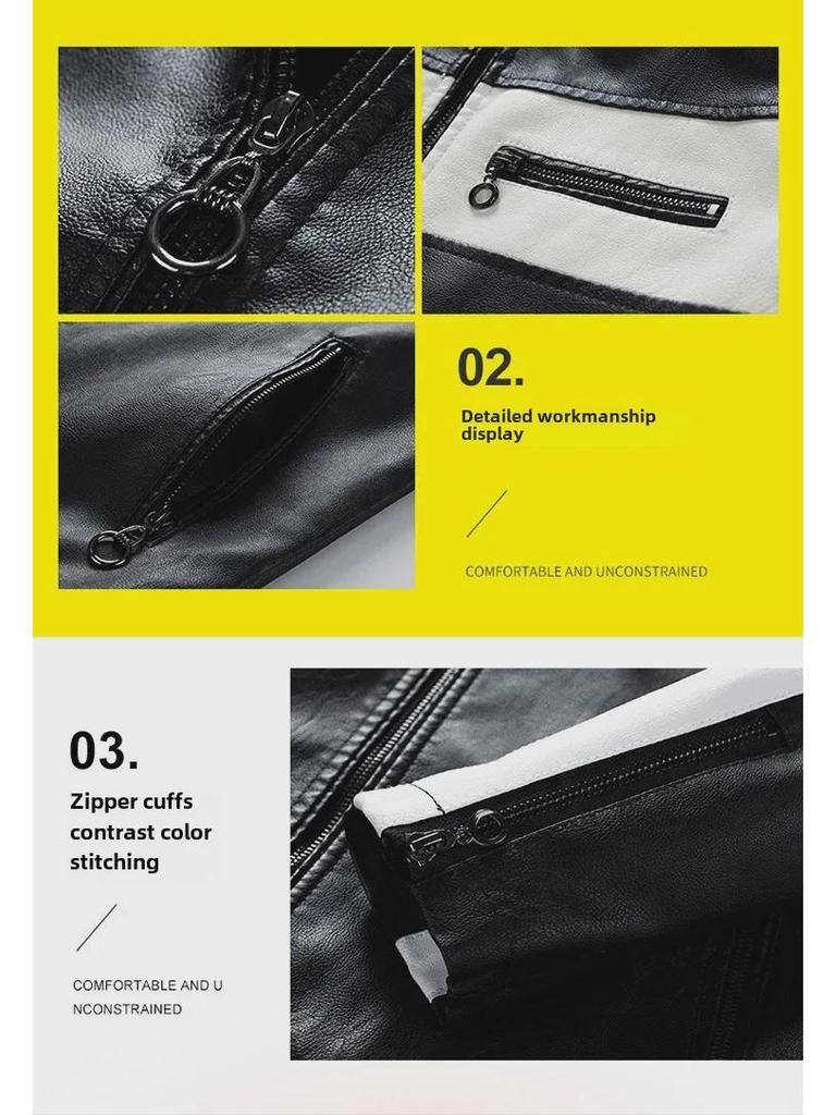 Men's Fashion Patchwork Leather Motorcycle Jacket, Large Size