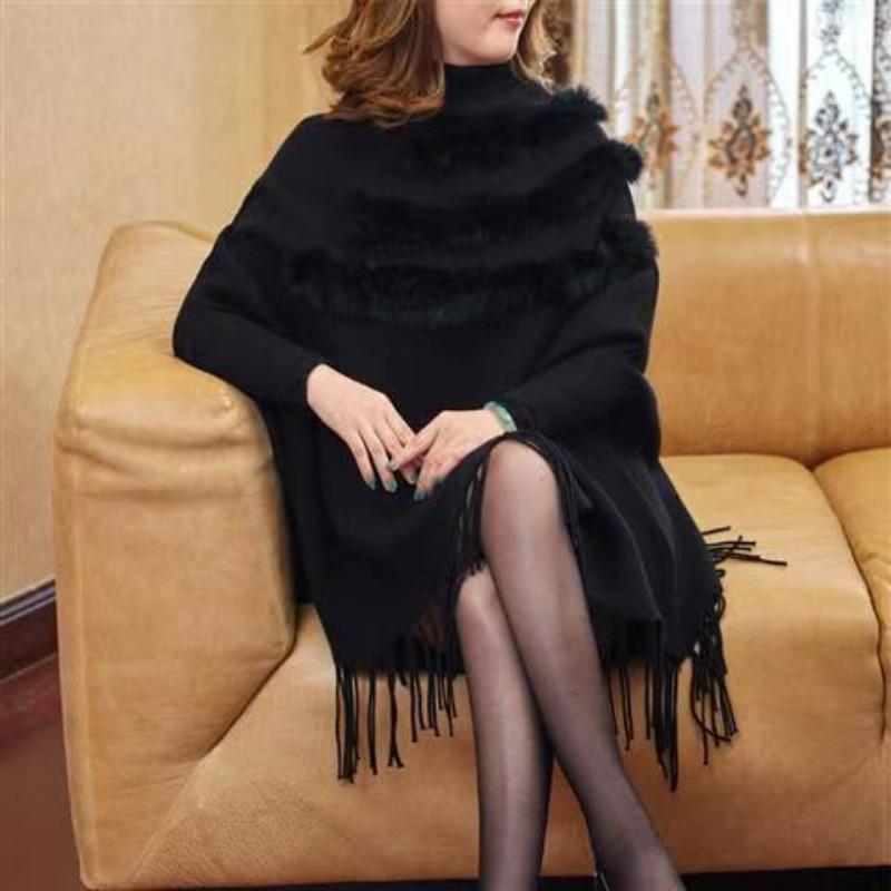 Nová podzimní a zimní svetr bunda pro ženy volný střih nadměrná velikost vysoký krk šálová pláštěnka třásně netopýří úpletová bunda