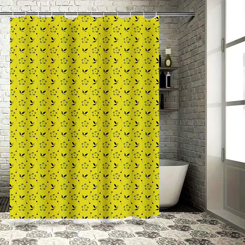 Decorative Floral Shower Curtain Vivid Yellow with Black Patterns Waterproof Fabric for Bathroom Decoration Size Options Availab