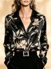 Damen Schwarze Basis Khaki Botanischer Blumendruck Revers Langarm Satinbluse, Perfekt für Büroarbeit, Tägliche Ausflüge & Nachmittagstee