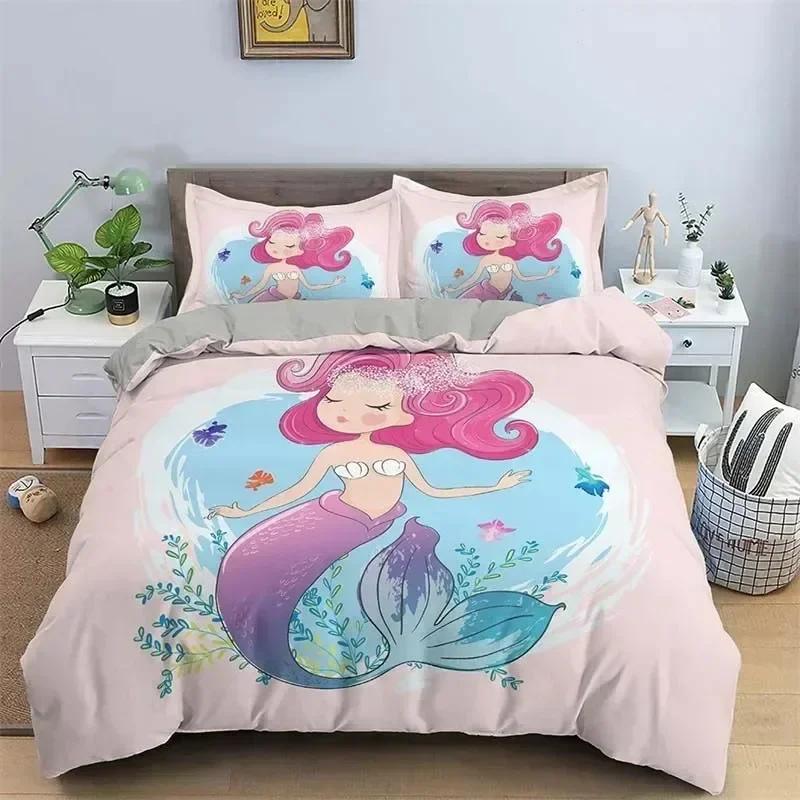 Modern Cartoon Mermaid Toddler Bedding Set Duvet Cover Sheet Printed Bed Set Pillowcase Full Queen King Size Comforter Bedroom