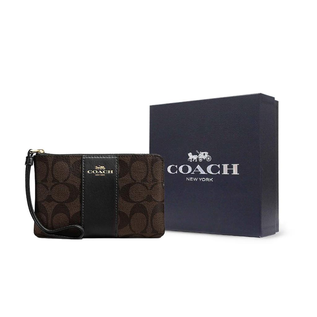 Coach Corner Zip 16 Top Zip Closure Coated Canvas And Recycled Leather Clutch Women Clutch Brown Black CS602-IMAA8