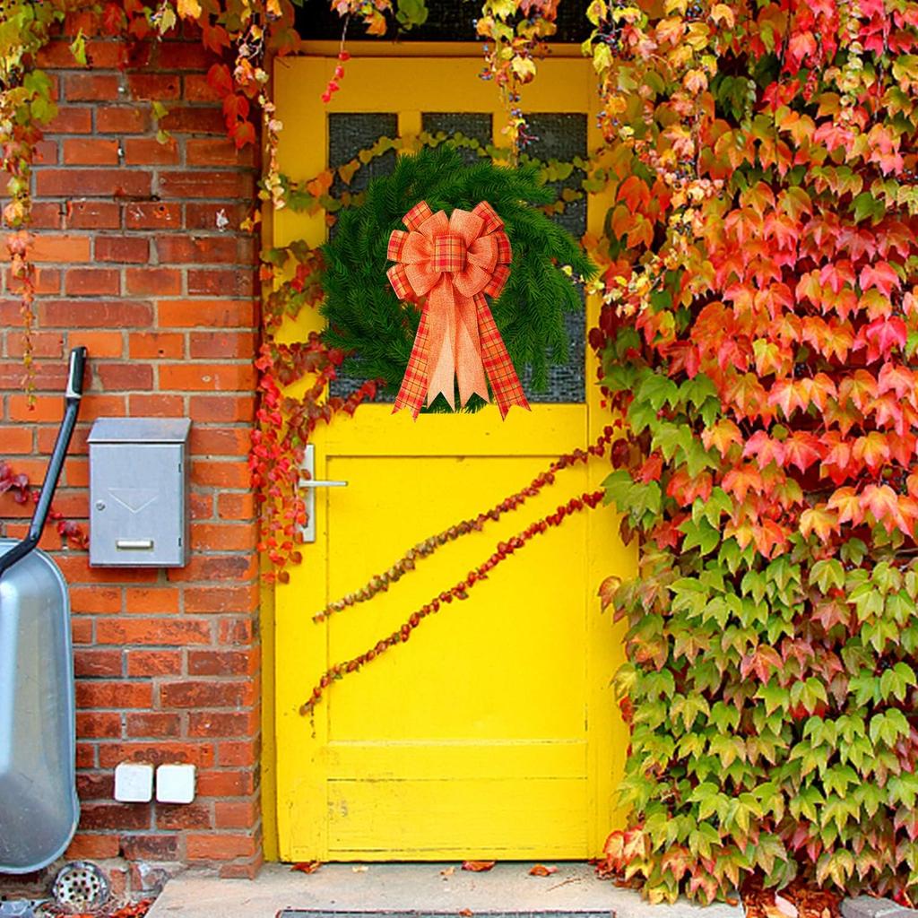Large Fall Thanksgiving Wreath Gift Bow Orange Buffalo Plaid Check Wreath Swag Bow Wreath Pre-Tied Bow for Fall Thanksgiving Christmas Home Indoor