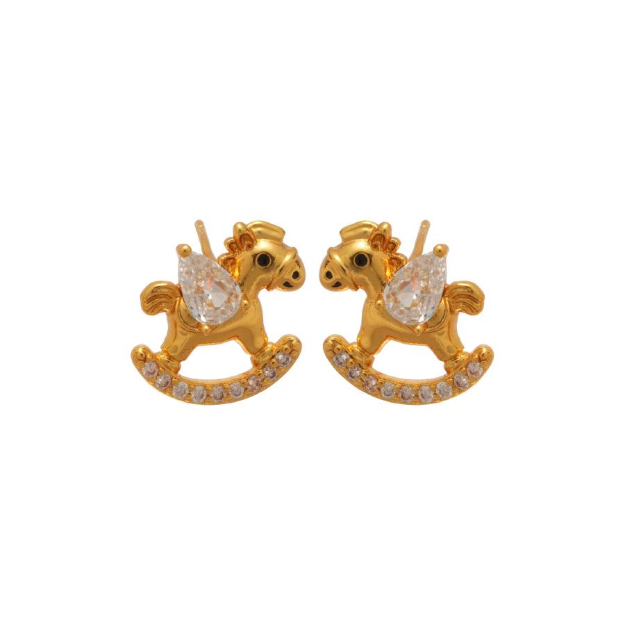 24k Gold-Plated Sterling Silver Little Horse Stud Earrings with Zircon – Retro, Luxurious, High-End Ear Jewelry for Women.