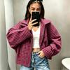 Women Vintage Small Plaid Cropped Jacket Lapel Collar Zip Up Long Sleeve Loose Casual Checkered Coat