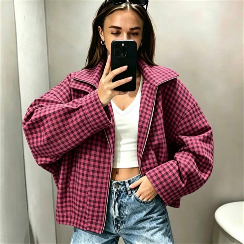 Women Vintage Small Plaid Cropped Jacket Lapel Collar Zip Up Long Sleeve Loose Casual Checkered Coat