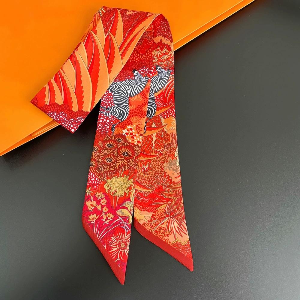 5CM Wide Women Colorful Printing Skinny Bag Scarf Brand Two Layer Silk Foulard Neck Tie Hair Scarves For Ladies