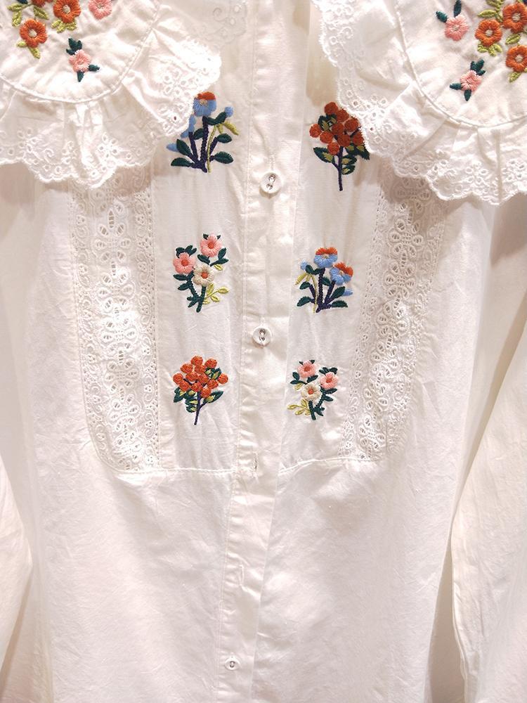 Damen Plus Size Bestickte Spitze Puppenkragen Langarmshirt - Frühling/Herbst Modischer Studentenstil