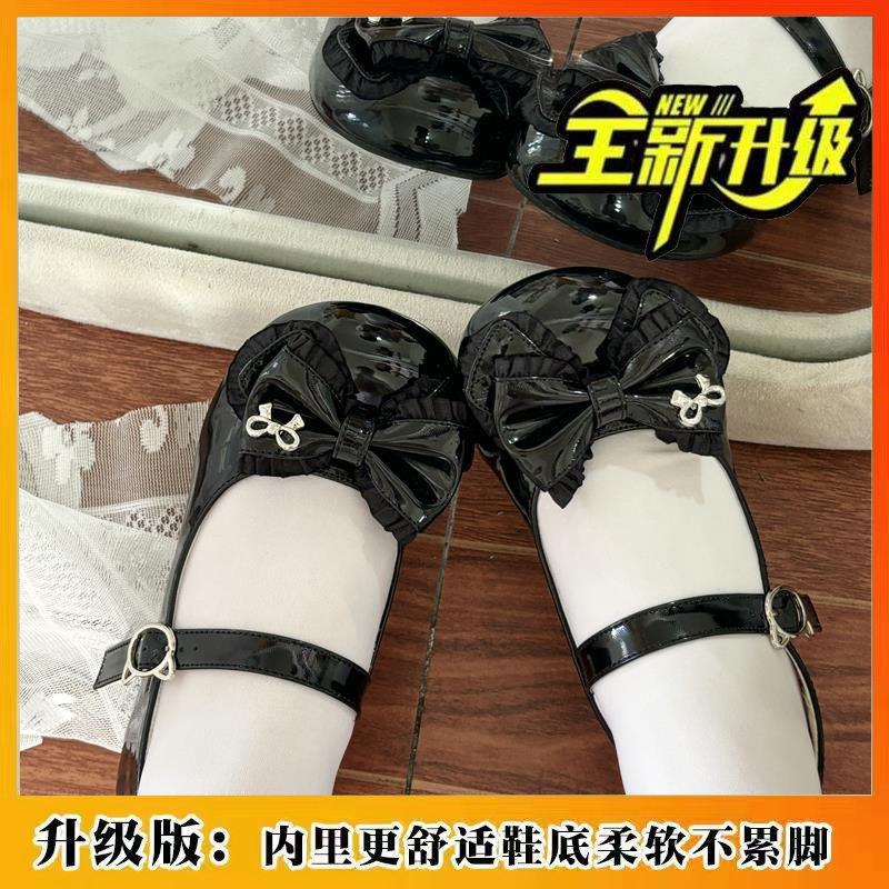Cute Bow Olita Shoes Lolita J Small Leather Shoes 2 Women's New Round Head Thick Heel Mary Jane Single Shoes