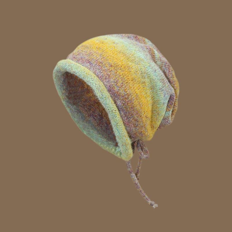 Осенне-зимняя женская шерстяная цветная вязаная пряжа шапка, модная градиентная цветная шапка с завязками, маленькая шапка-пуловер, подчеркивающая лицо one size